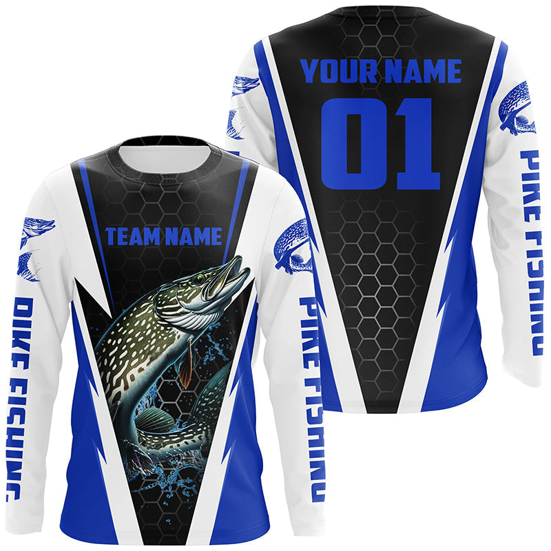 Pike Fishing Long Sleeve Tournament For Fishing Team With Custom Name And Number | Blue