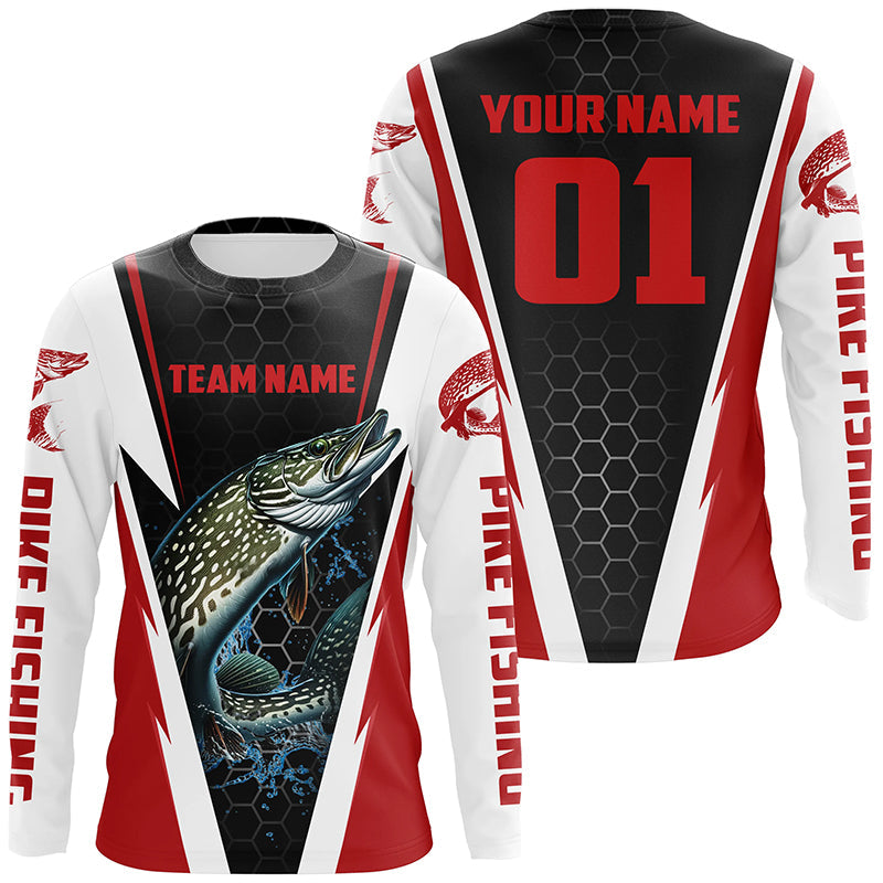 Pike Fishing Long Sleeve Tournament For Fishing Team With Custom Name And Number | Red
