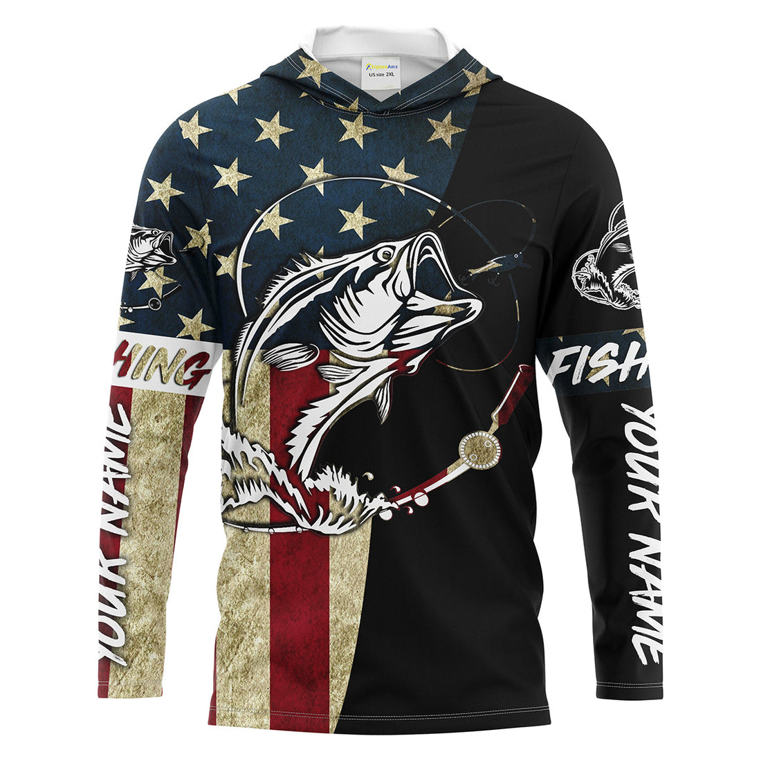 Personalized Bass Fishing American Flag Custom Long Sleeve Fishing, personalized Patriotic Fishing gifts