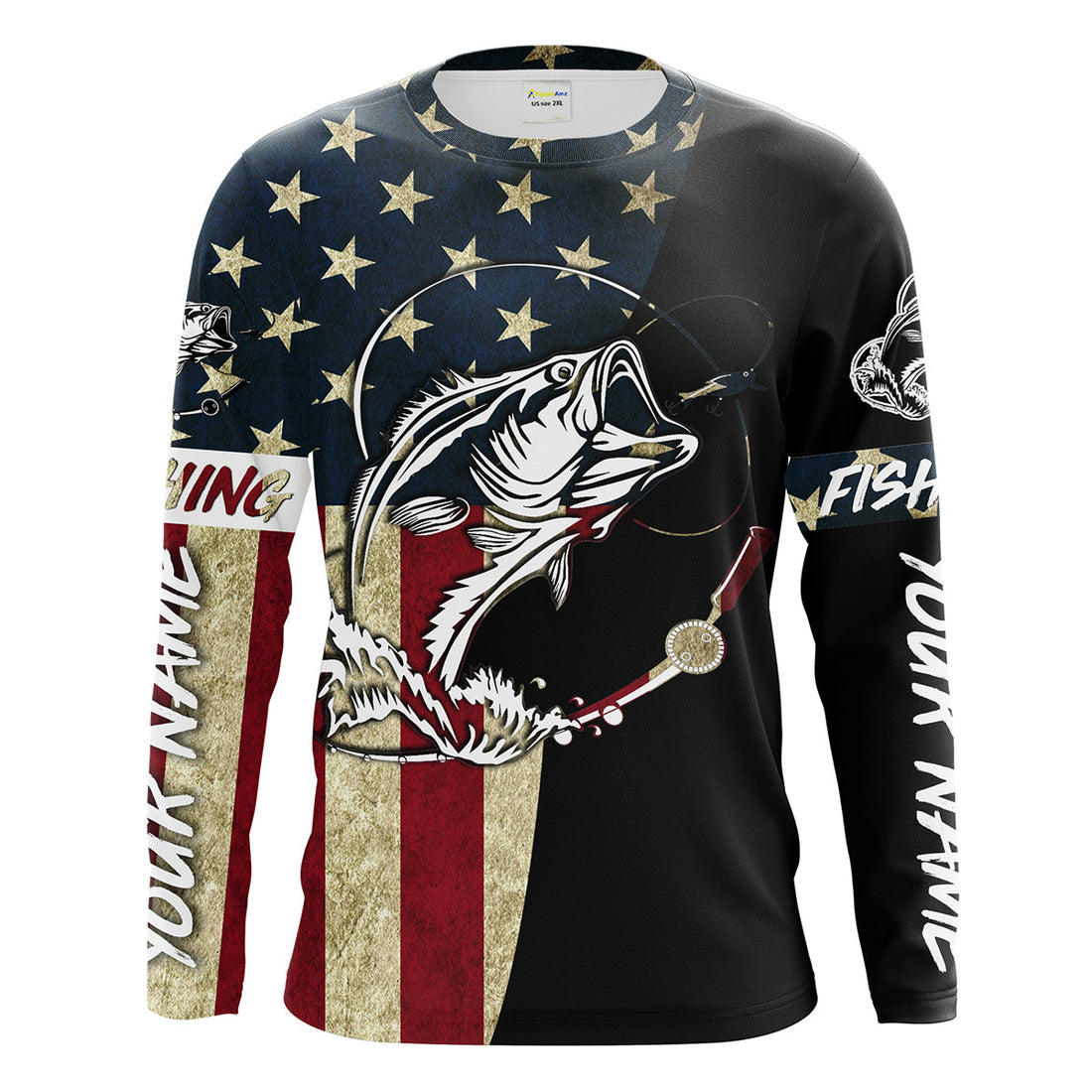 Personalized Bass Fishing American Flag Custom Long Sleeve Fishing, personalized Patriotic Fishing gifts