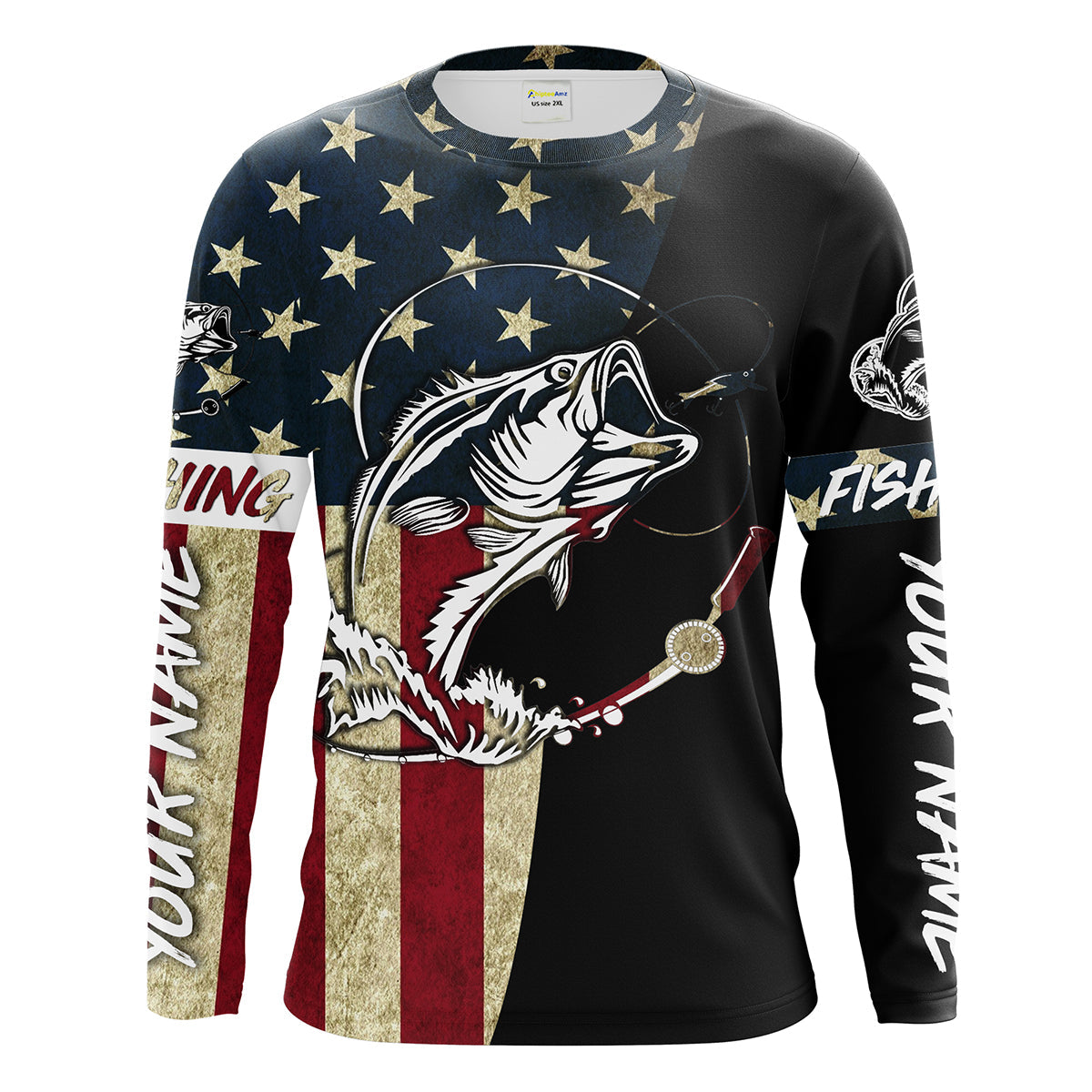 Personalized Bass Fishing American Flag Custom Long Sleeve Fishing, personalized Patriotic Fishing gifts
