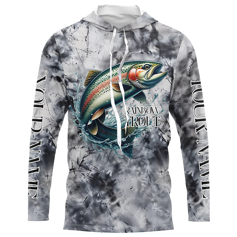 Gray Tie Dye Camo Custom Rainbow Trout Fly Fishing, Trout Long Sleeve Fishing