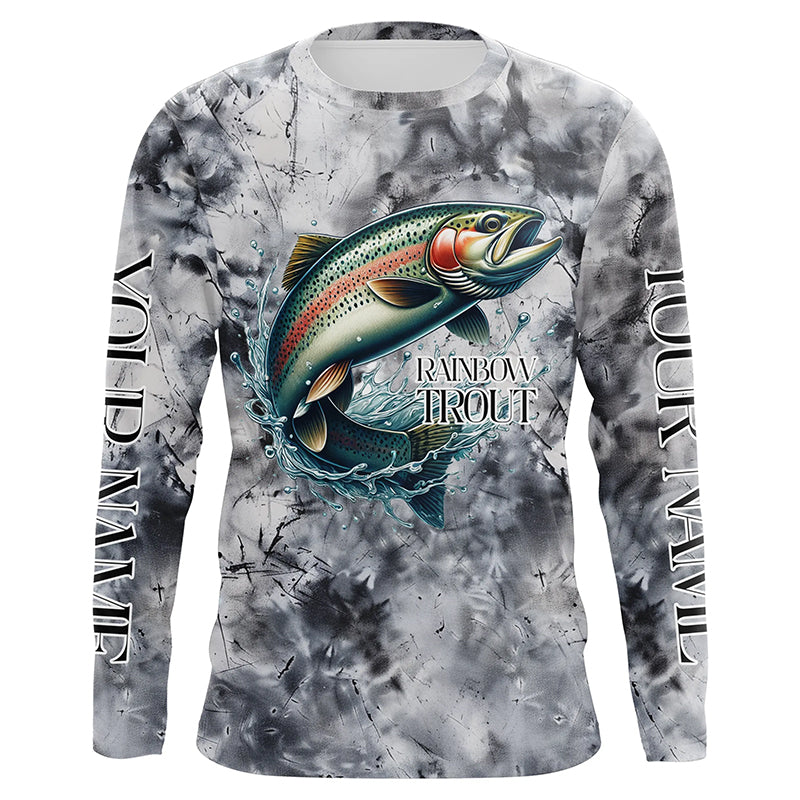 Gray Tie Dye Camo Custom Rainbow Trout Fly Fishing, Trout Long Sleeve Fishing