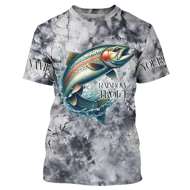 Gray Tie Dye Camo Custom Rainbow Trout Fly Fishing, Trout Long Sleeve Fishing