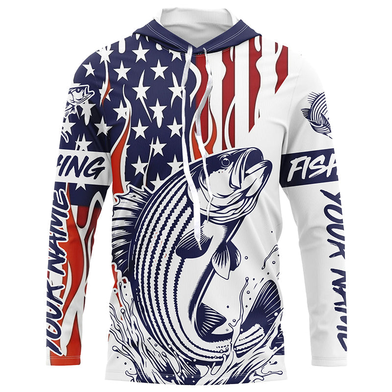 Flame American Flag Custom Striped Bass Long Sleeve Fishing, Patriotic Striper Fishing