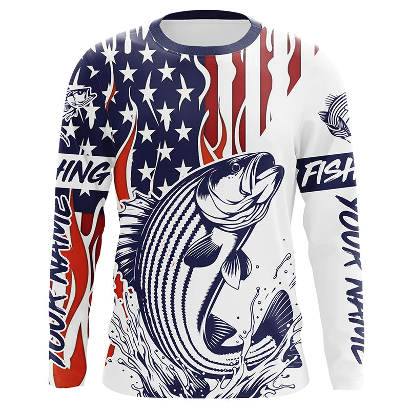 Flame American Flag Custom Striped Bass Long Sleeve Fishing, Patriotic Striper Fishing