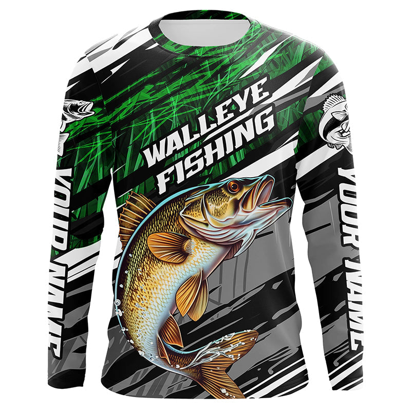 Walleye Fishing Camo Long Sleeve Fishing, Custom Walleye Tournament Fishing | Green