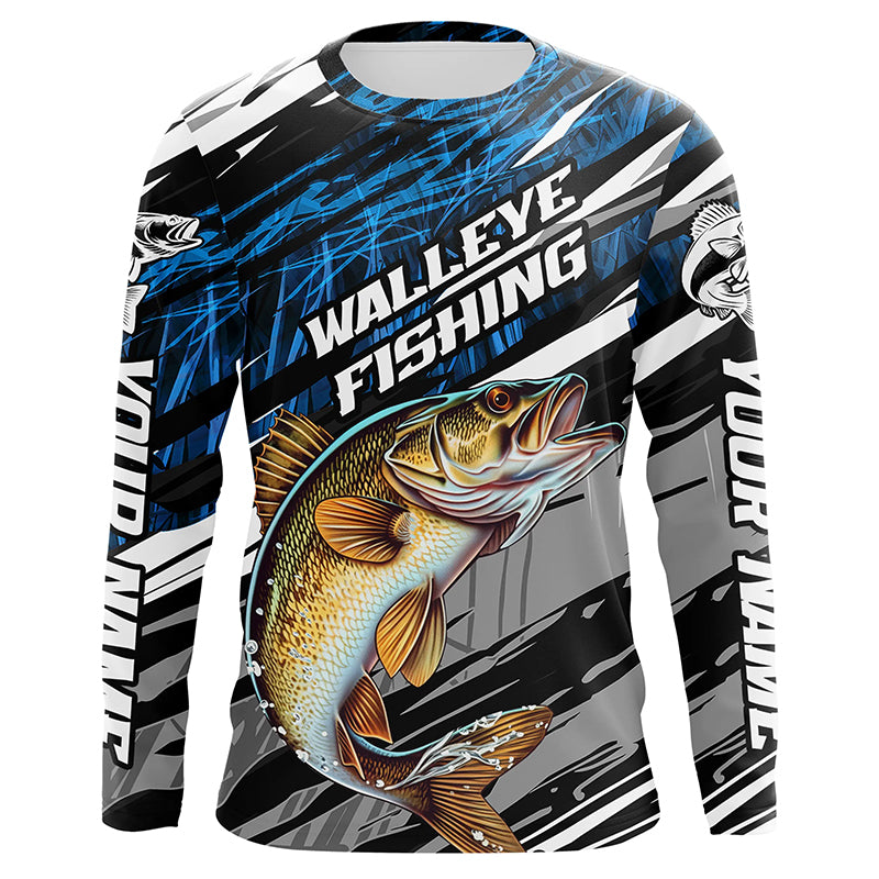 Walleye Fishing Camo Long Sleeve Fishing, Custom Walleye Tournament Fishing | Blue
