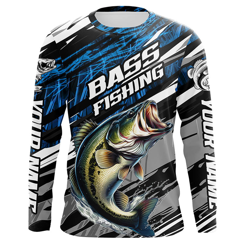 Bass Fishing Camo Long Sleeve Fishing, Custom Bass Tournament Fishing | Blue
