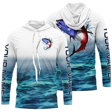 American Flag Tuna Long Sleeve Fishing, Custom Patriotic Tuna Tournament Fishing