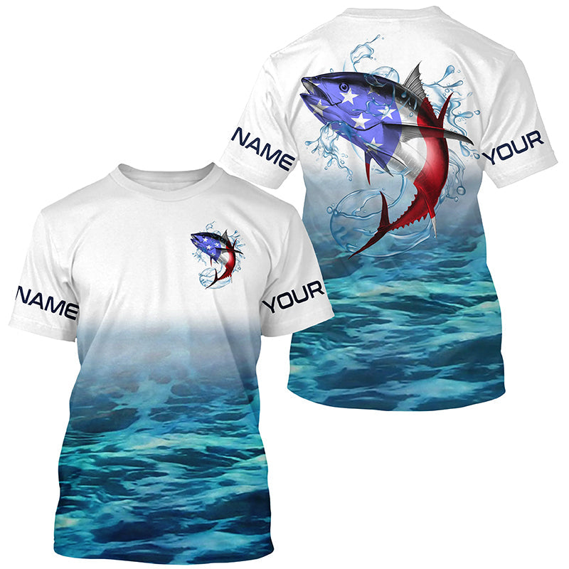 American Flag Tuna Long Sleeve Fishing, Custom Patriotic Tuna Tournament Fishing