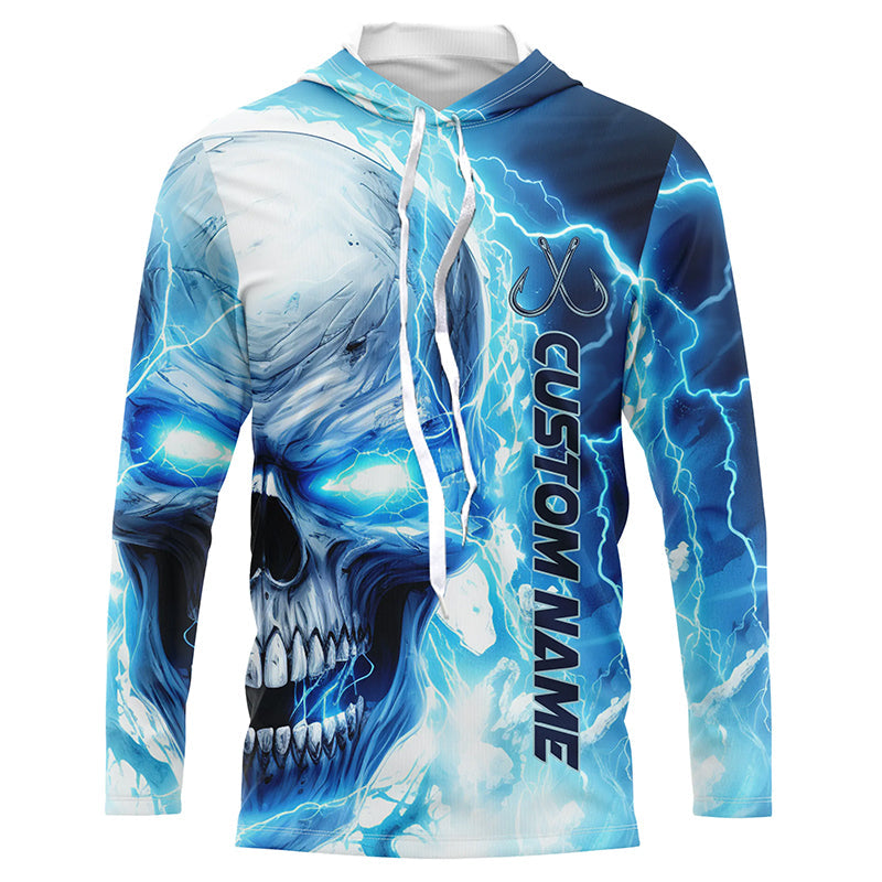Blue Thunder Lightning Skull Custom Long Sleeve Fishing, Fish Hook Skull Fishing