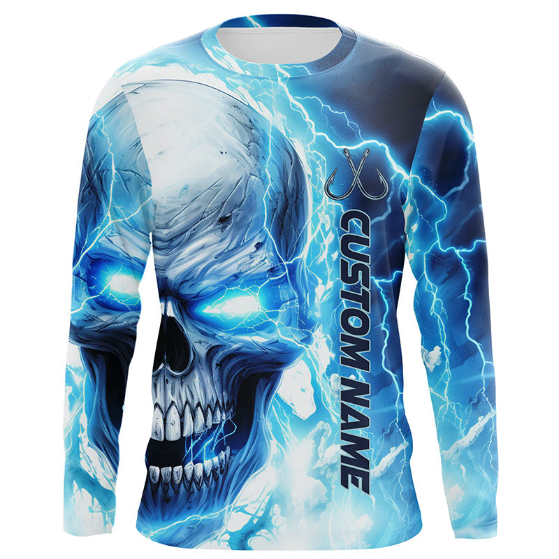 Blue Thunder Lightning Skull Custom Long Sleeve Fishing, Fish Hook Skull Fishing
