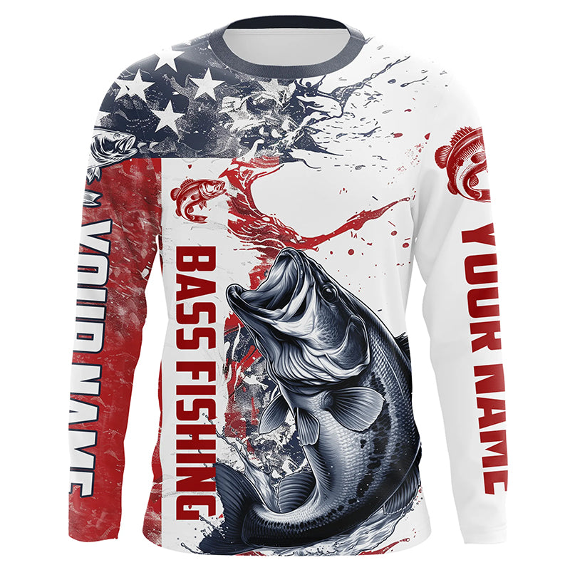 Personalized American Flag Bass Fishing, Bass Long Sleeve Tournament Fishing