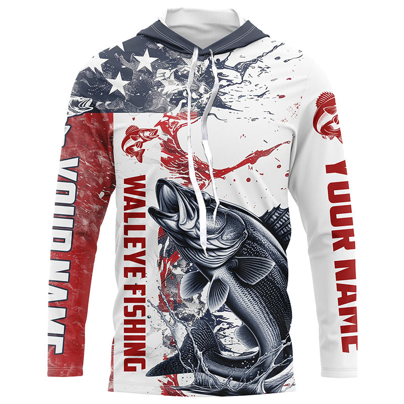 Personalized American Flag Walleye Fishing, Walleye Long Sleeve Tournament Fishing