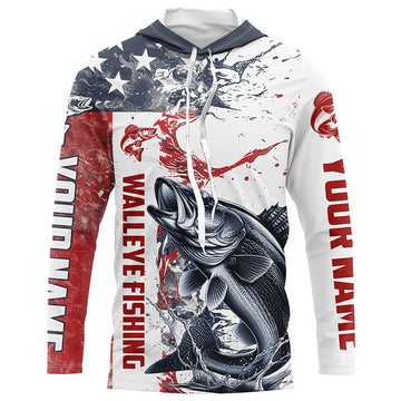 Personalized American Flag Walleye Fishing, Walleye Long Sleeve Tournament Fishing