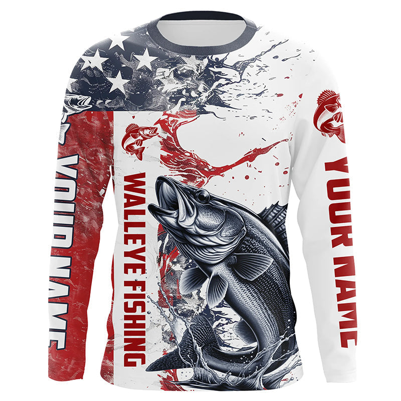 Personalized American Flag Walleye Fishing, Walleye Long Sleeve Tournament Fishing