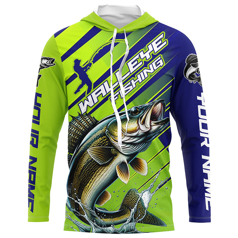 Walleye Fishing Custom Long Sleeve Tournament, Green And Blue Walleye Fishing