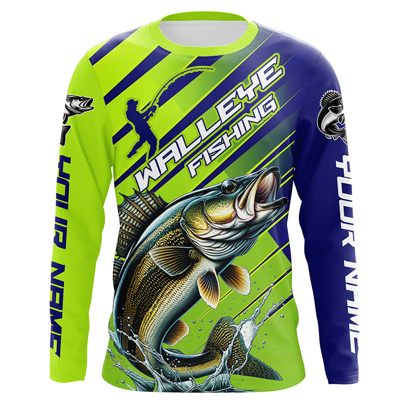Walleye Fishing Custom Long Sleeve Tournament, Green And Blue Walleye Fishing
