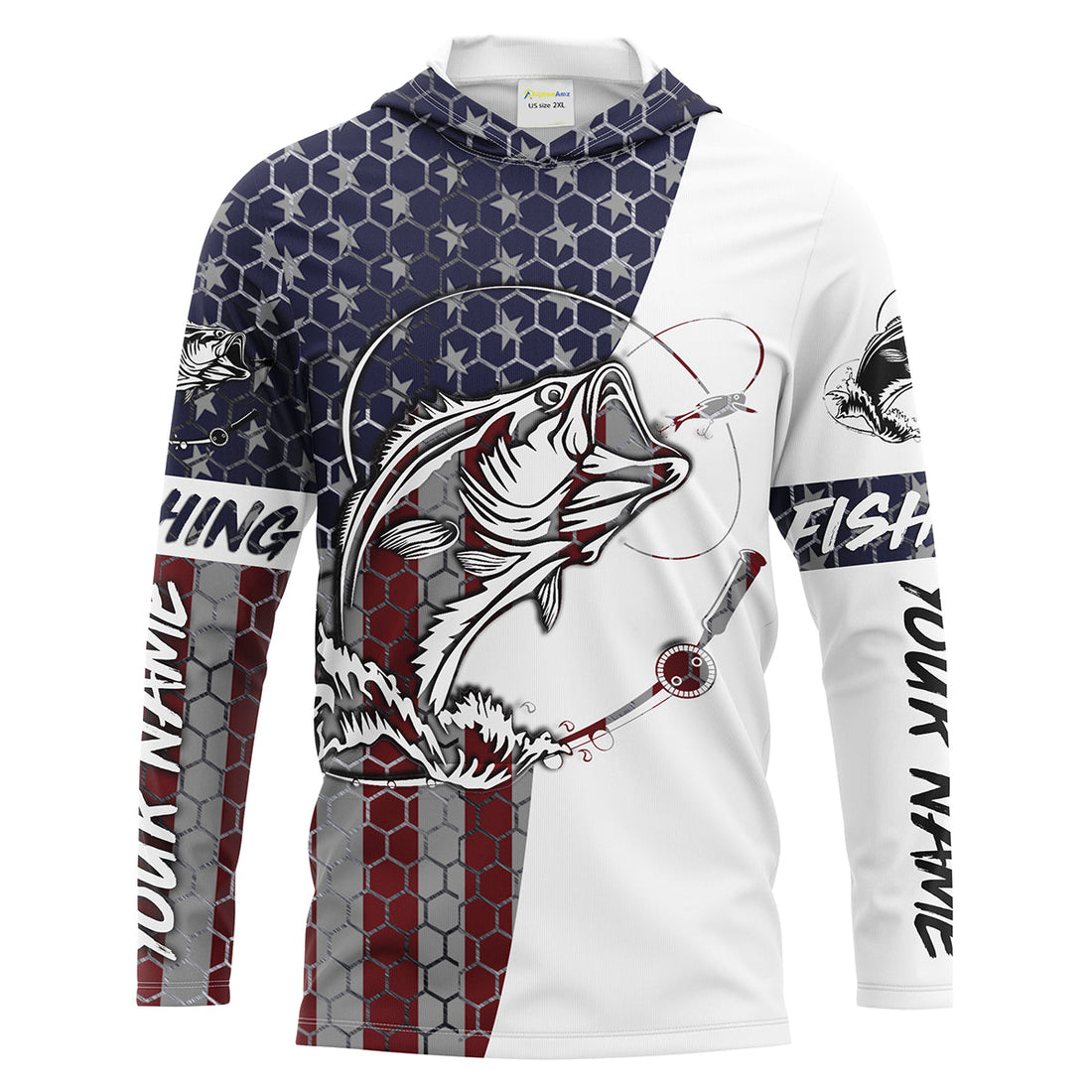 Bass Fishing American Flag Custom Long Sleeve performance Fishing, persoanlized Patriotic Bass Fishing