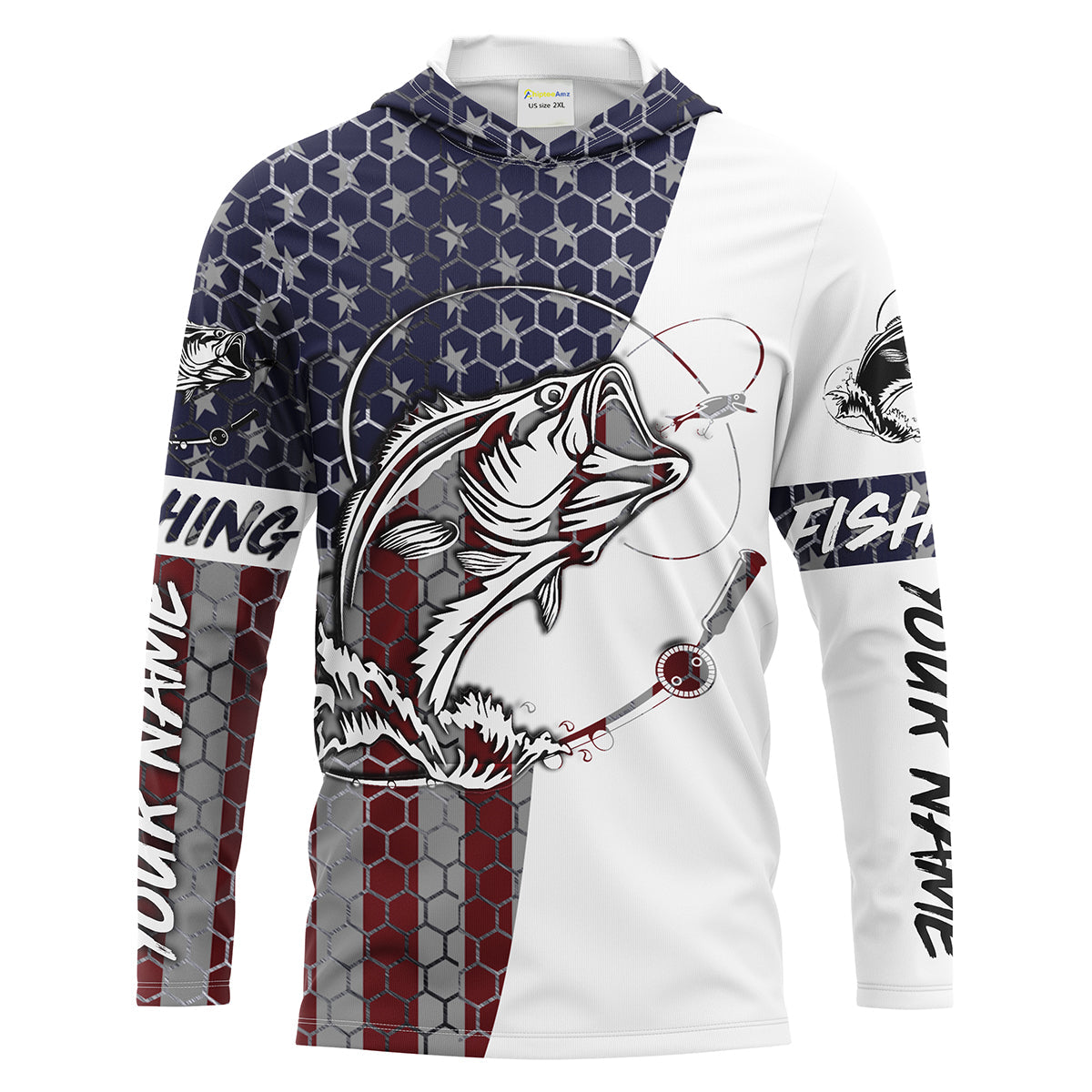 Bass Fishing American Flag Custom Long Sleeve performance Fishing, persoanlized Patriotic Bass Fishing