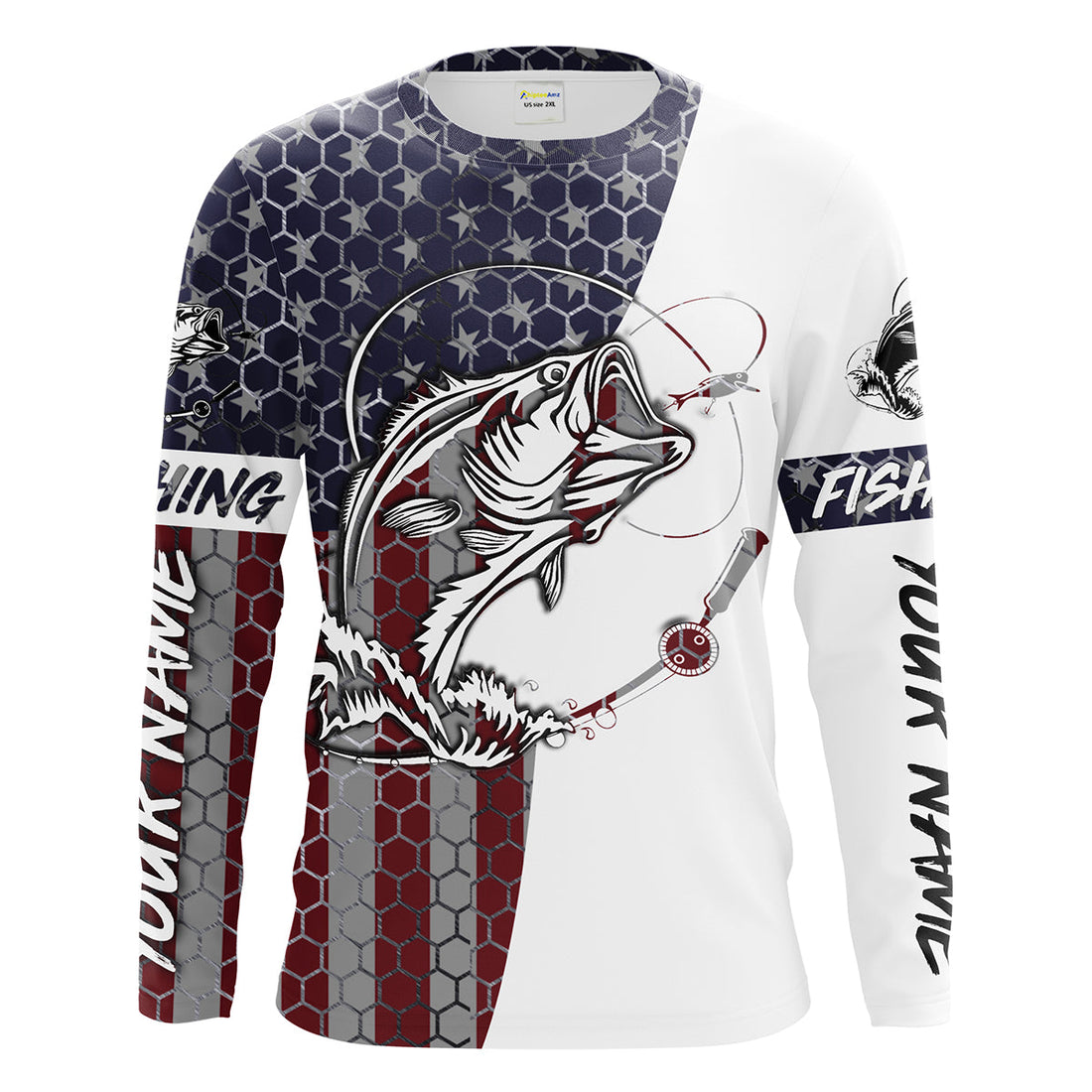 Bass Fishing American Flag Custom Long Sleeve performance Fishing, persoanlized Patriotic Bass Fishing