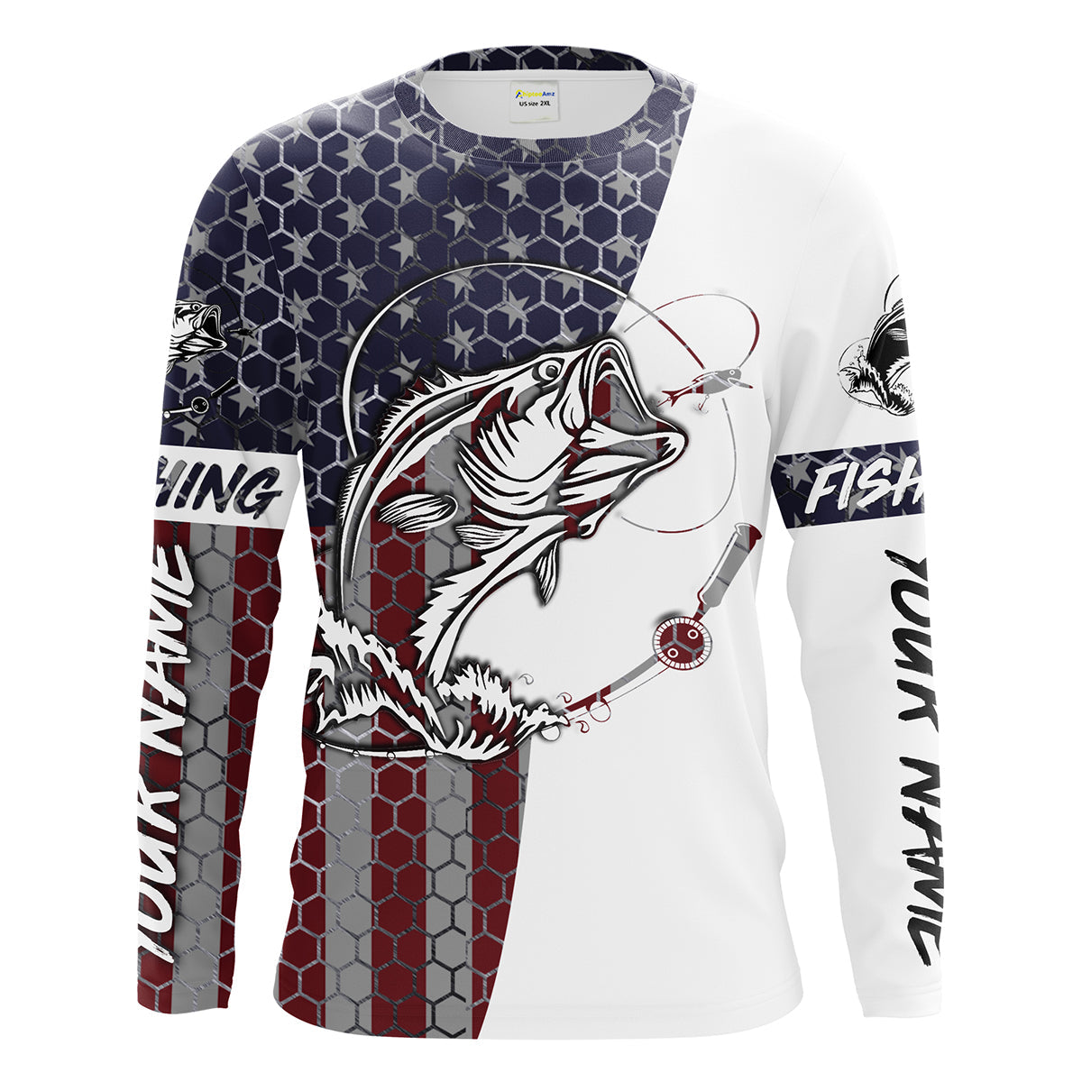 Bass Fishing American Flag Custom Long Sleeve performance Fishing, persoanlized Patriotic Bass Fishing
