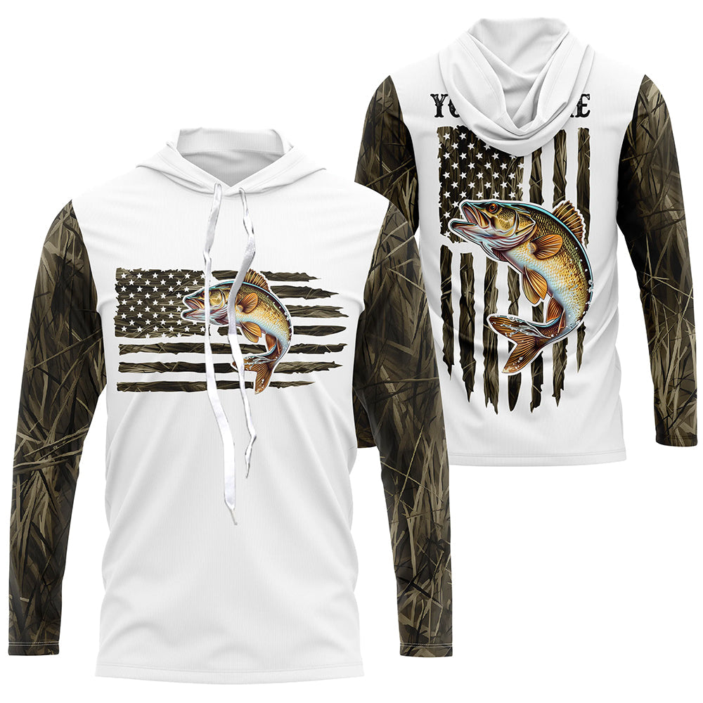 Personalized American Flag Walleye Long Sleeve Fishing Camo, Patriotic Walleye Fishing