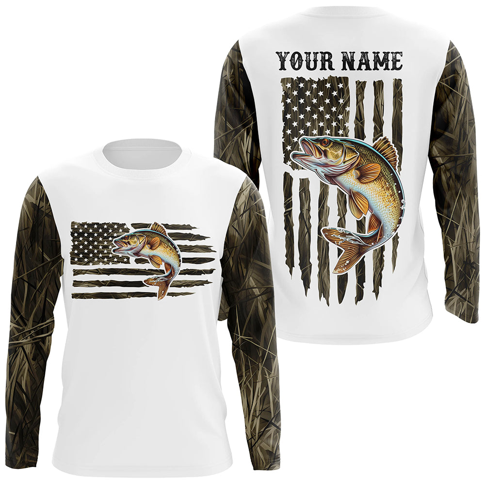Personalized American Flag Walleye Long Sleeve Fishing Camo, Patriotic Walleye Fishing
