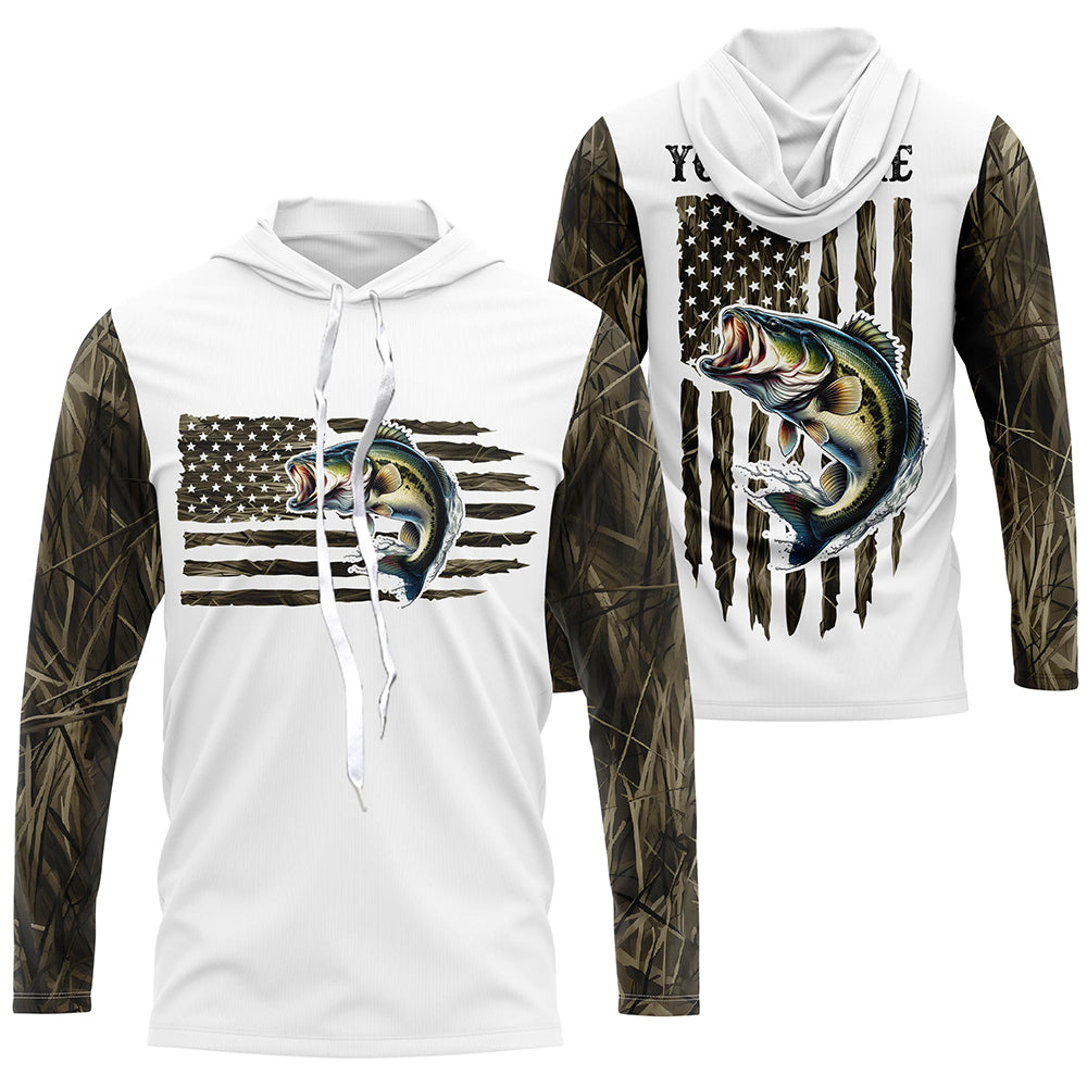 Personalized American Flag Bass Long Sleeve Fishing Camo, Patriotic Bass Fishing