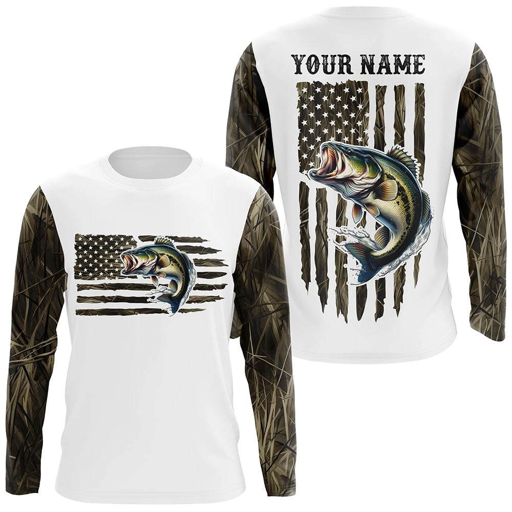 Personalized American Flag Bass Long Sleeve Fishing Camo, Patriotic Bass Fishing