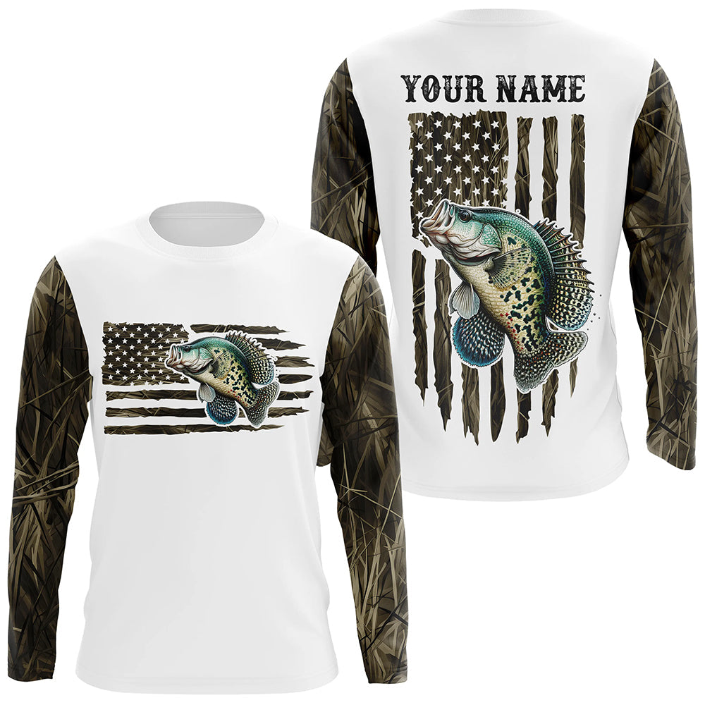 Personalized American Flag Crappie Long Sleeve Fishing Camo, Patriotic Crappie Fishing