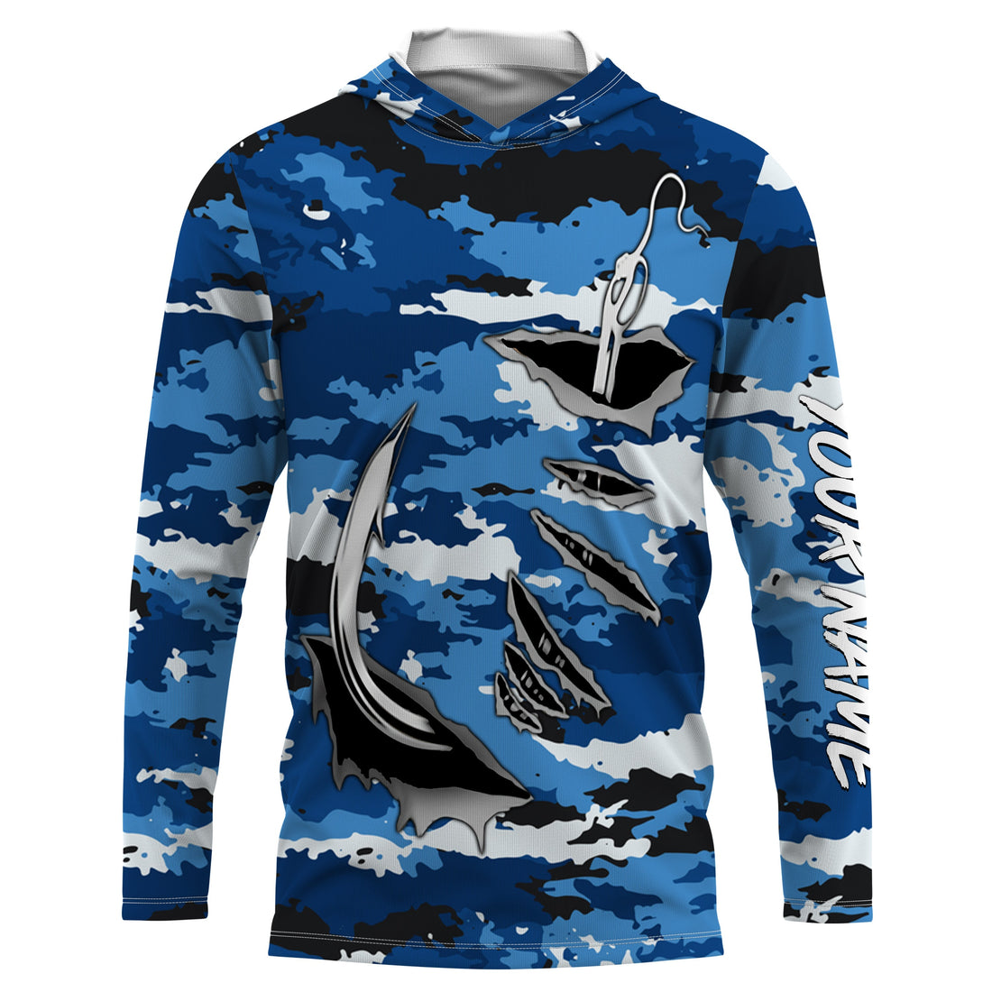 Fishing camo Fish hook Custom Long sleeve performance Fishing, blue camo Fishing