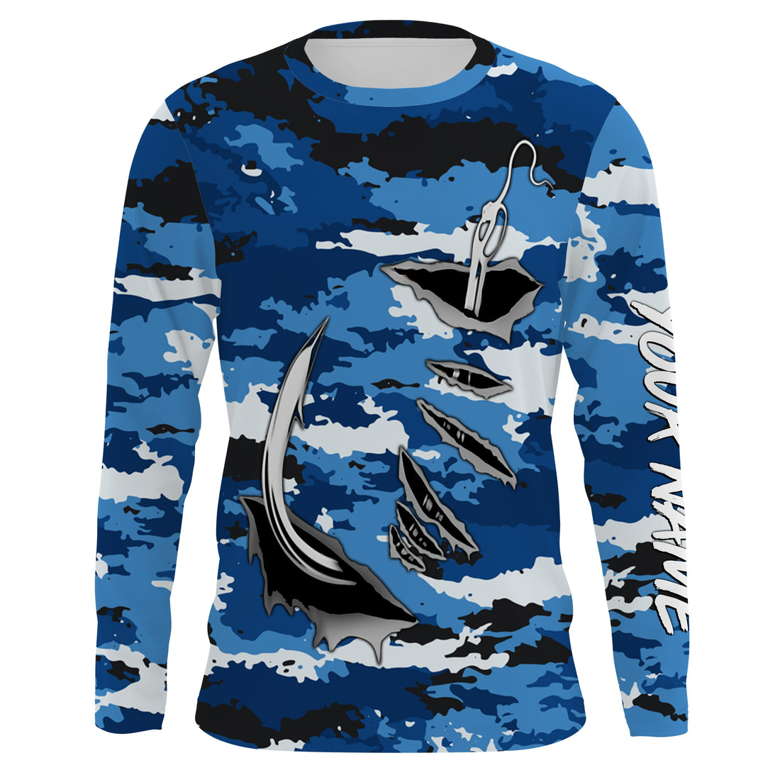 Fishing camo Fish hook Custom Long sleeve performance Fishing, blue camo Fishing