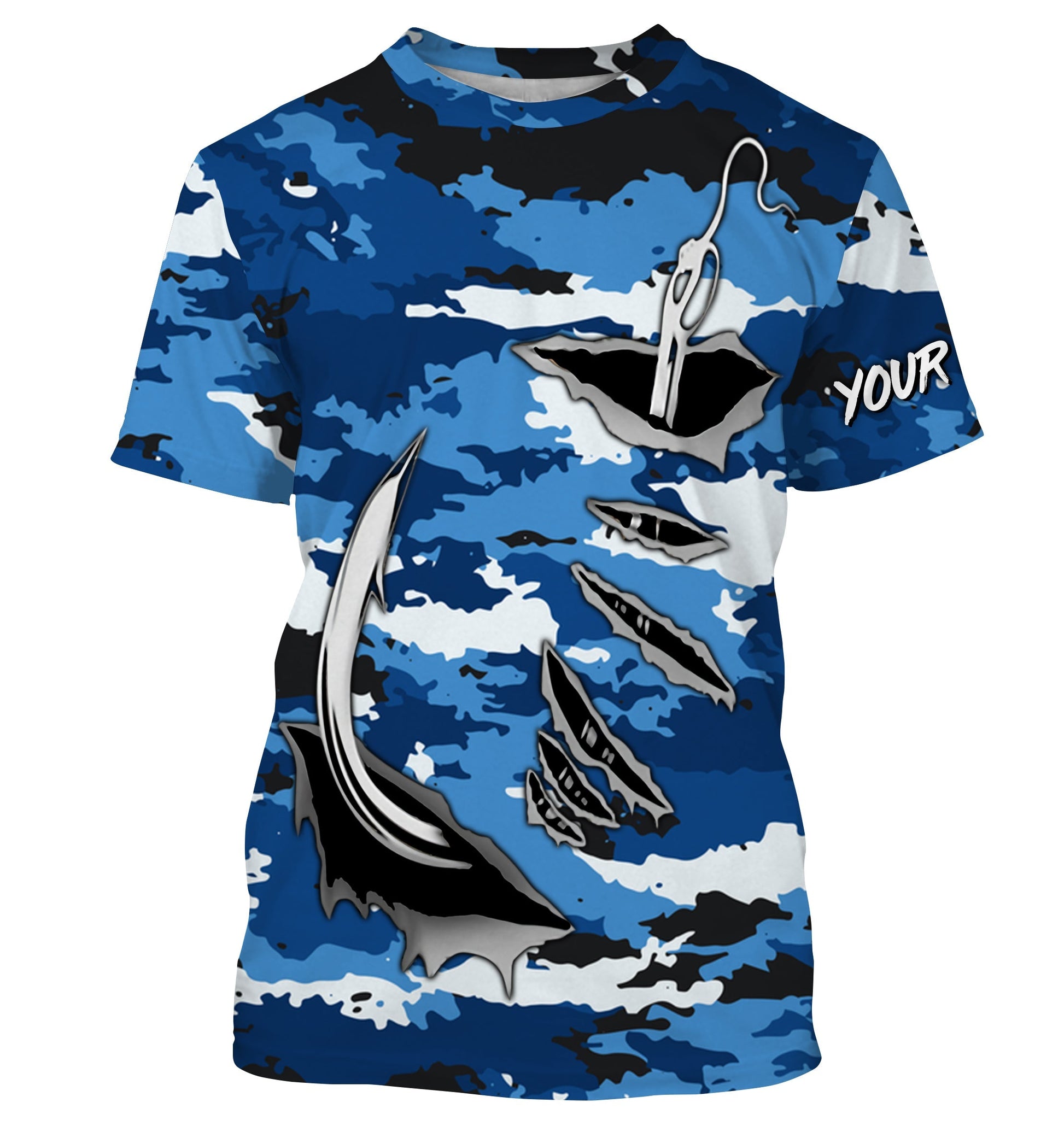 Fishing camo Fish hook Custom Long sleeve performance Fishing, blue camo Fishing