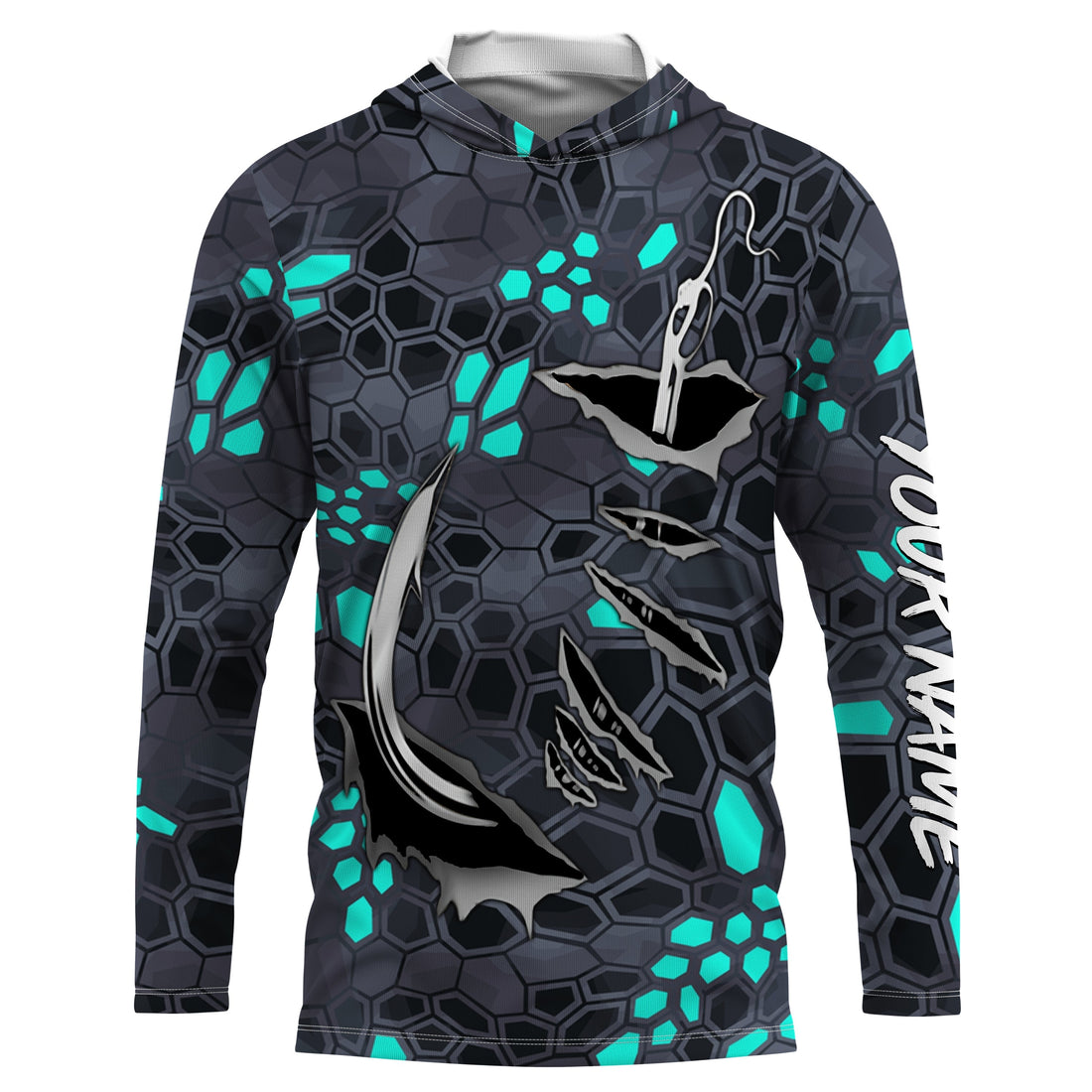 Fishing camo Fish hook Custom Long sleeve performance Fishing, blue camo Fishing