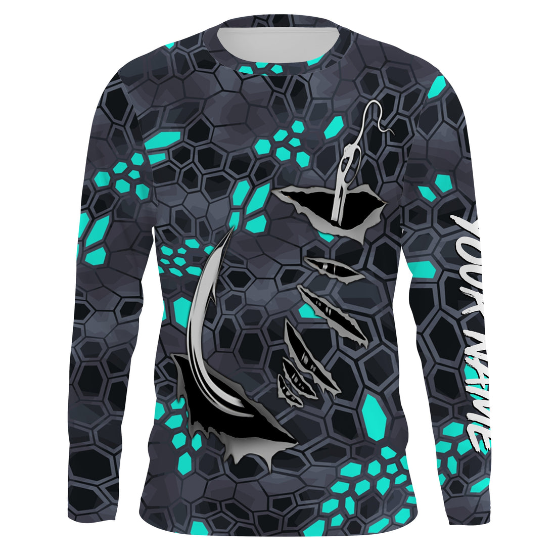 Fishing camo Fish hook Custom Long sleeve performance Fishing, blue camo Fishing