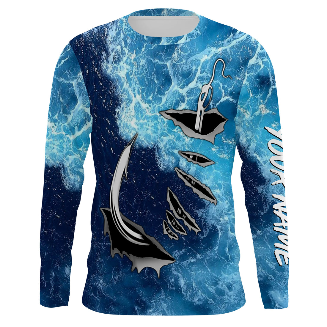 Fishing camo Fish hook Custom Long sleeve performance Fishing, sea waves camo Fishing