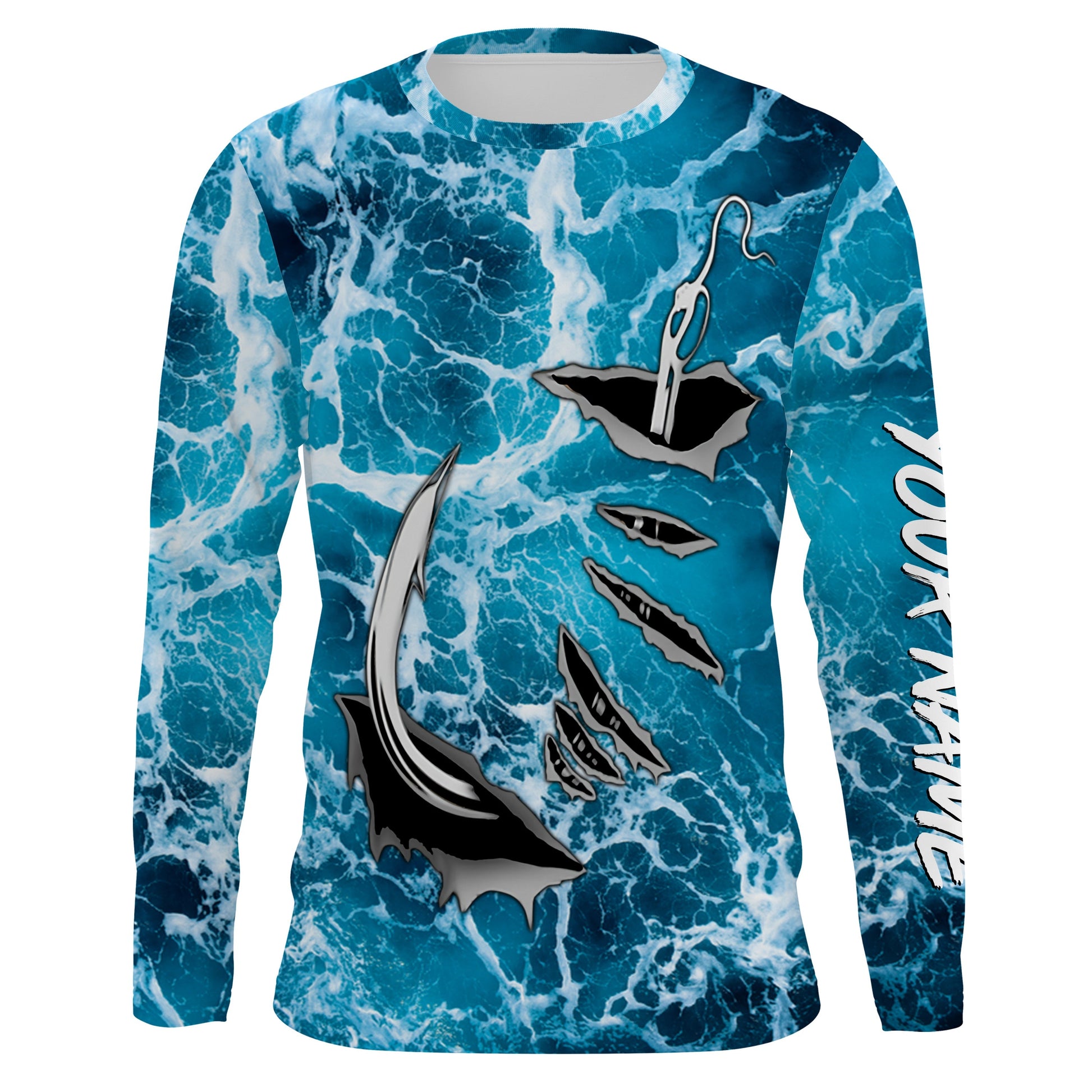 Fishing camo Fish hook Custom Long sleeve performance Fishing, sea waves camo Fishing