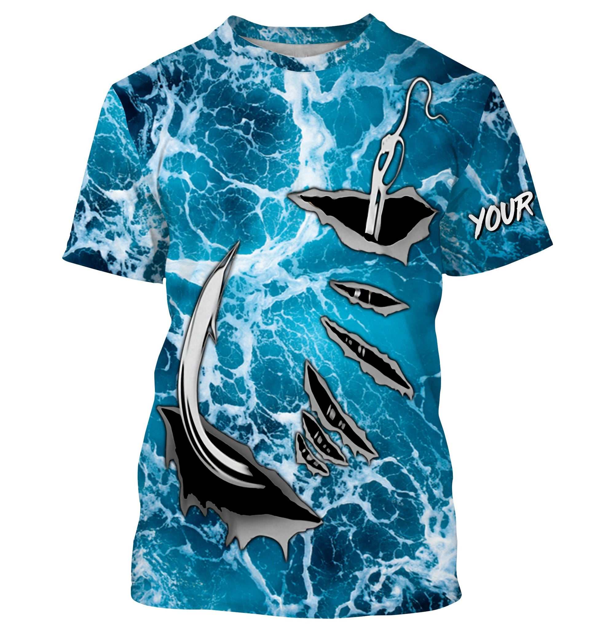 Fishing camo Fish hook Custom Long sleeve performance Fishing, sea waves camo Fishing