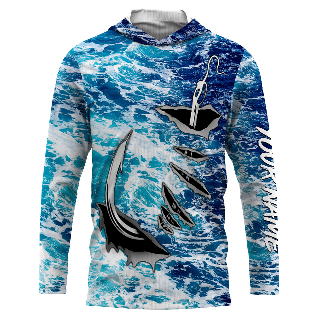 Fishing camo Fish hook Custom Long sleeve performance Fishing, sea waves camo Fishing