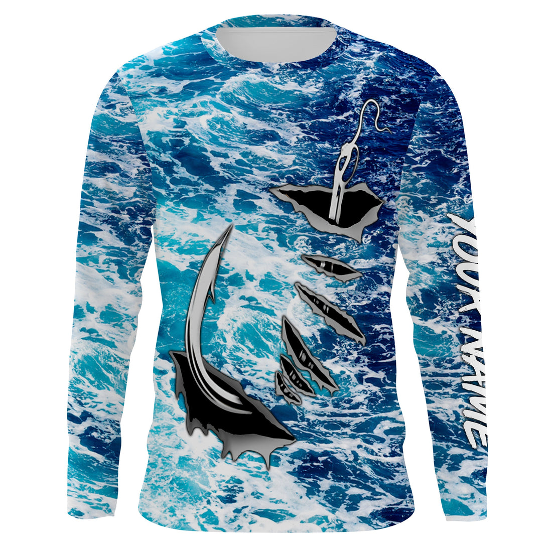 Fishing camo Fish hook Custom Long sleeve performance Fishing, sea waves camo Fishing