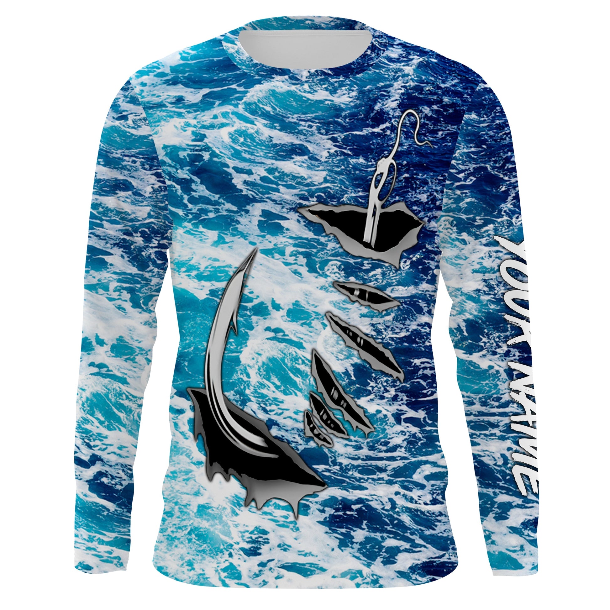 Fishing camo Fish hook Custom Long sleeve performance Fishing, sea waves camo Fishing