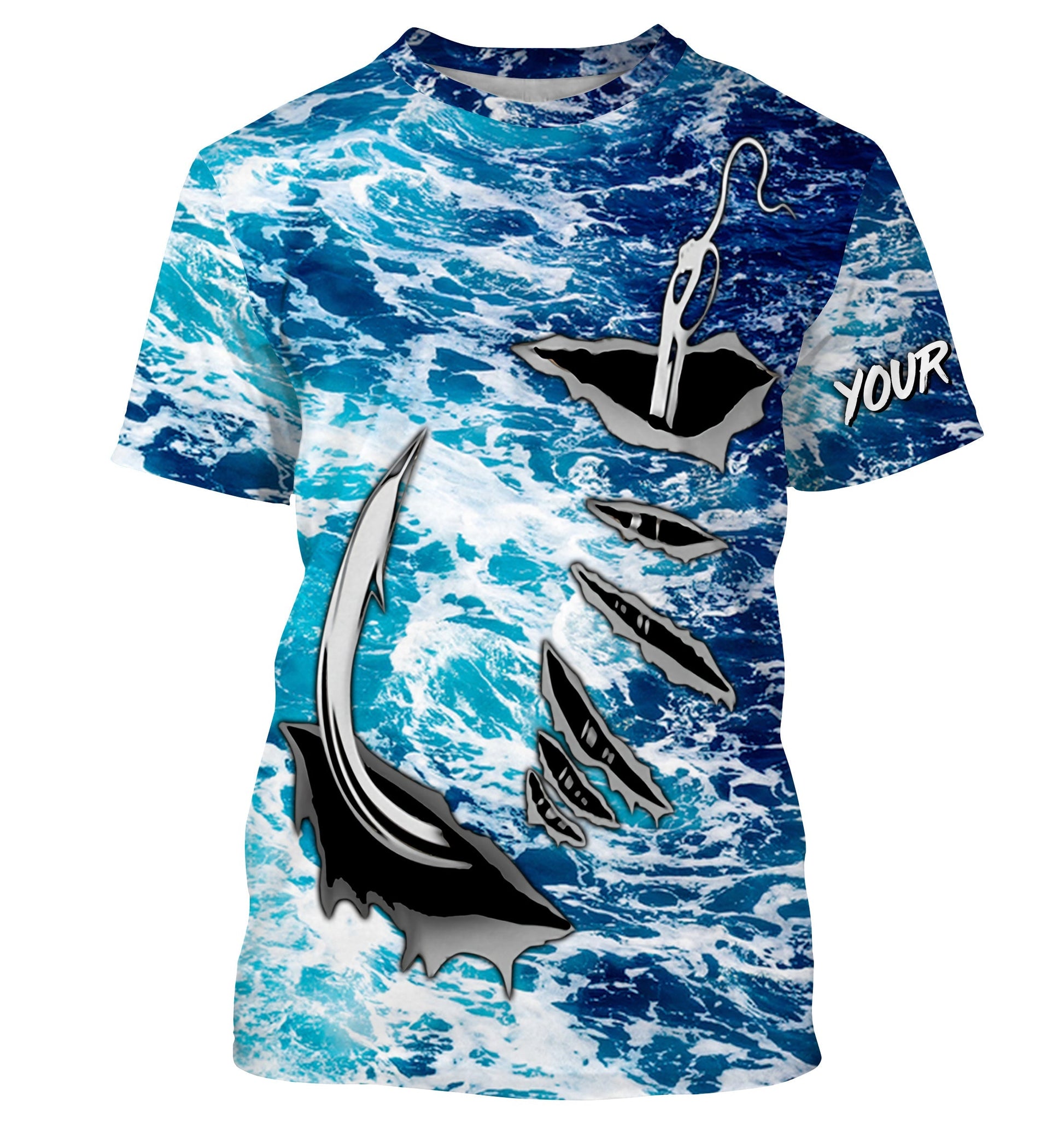 Fishing camo Fish hook Custom Long sleeve performance Fishing, sea waves camo Fishing