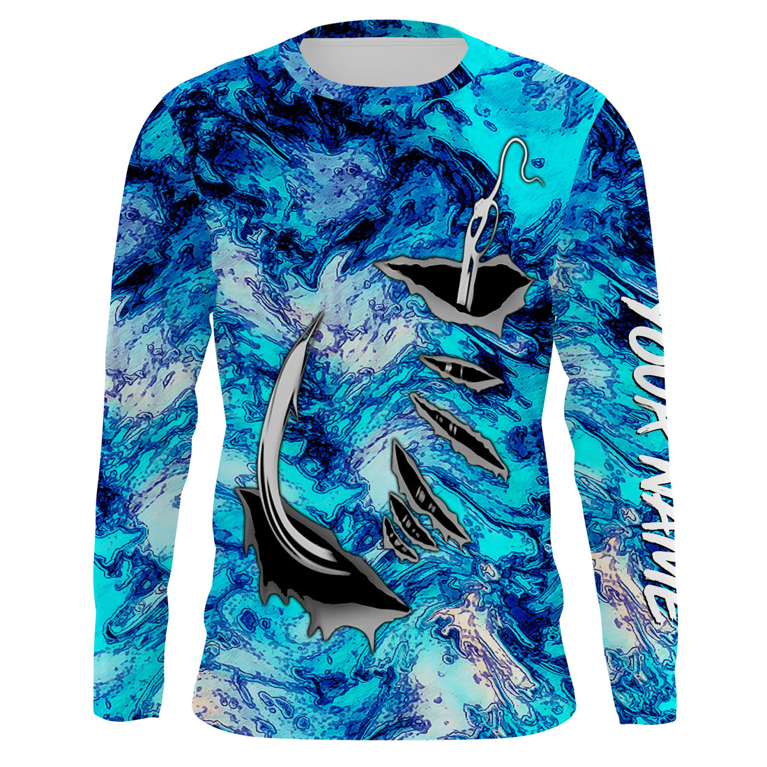 Fishing camo Fish hook Custom Long sleeve performance Fishing, blue camo Fishing