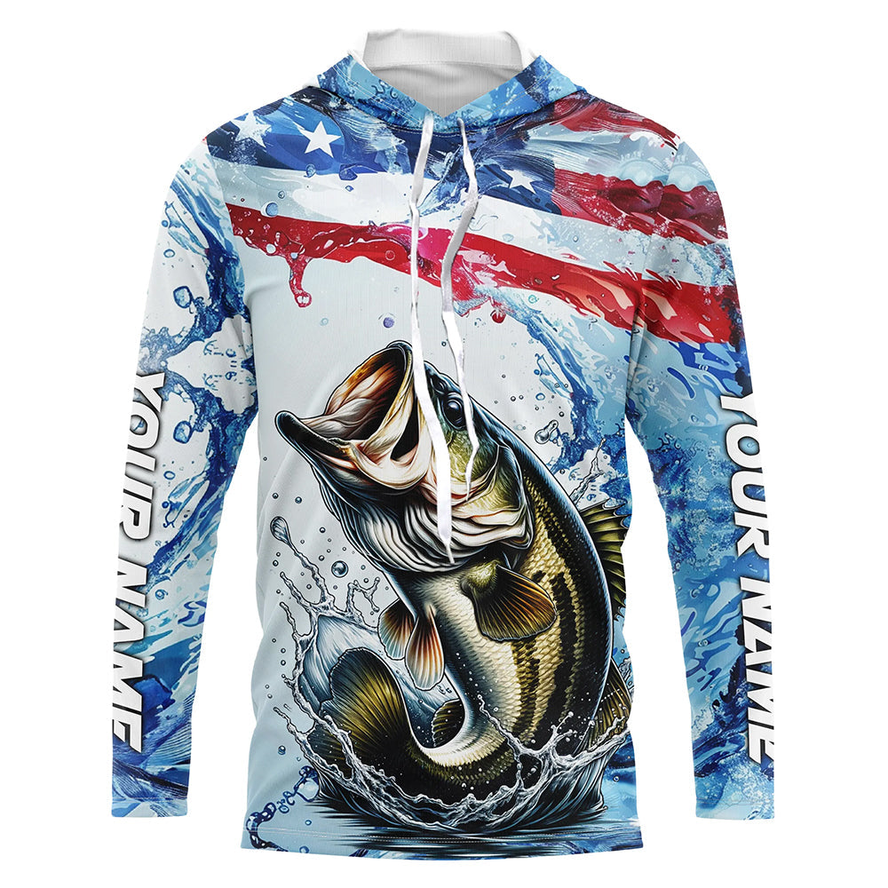 Personalized American Flag Bass Fishing, Patriotic Bass Long Sleeve Tournament Fishing