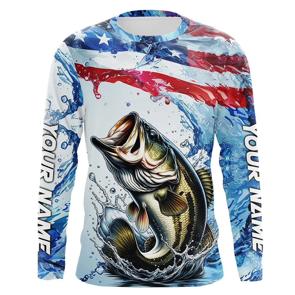 Personalized American Flag Bass Fishing, Patriotic Bass Long Sleeve Tournament Fishing