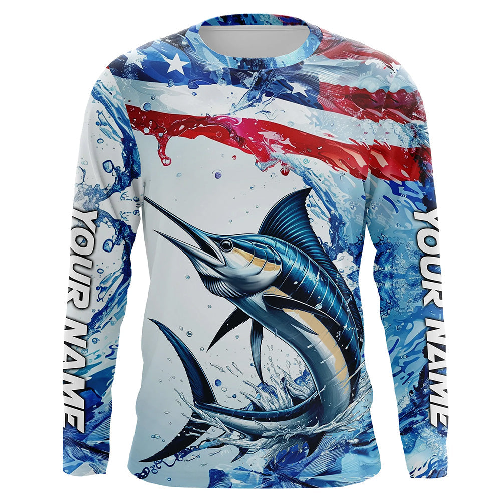 Personalized American Flag Marlin Fishing, Patriotic Marlin Long Sleeve Fishing