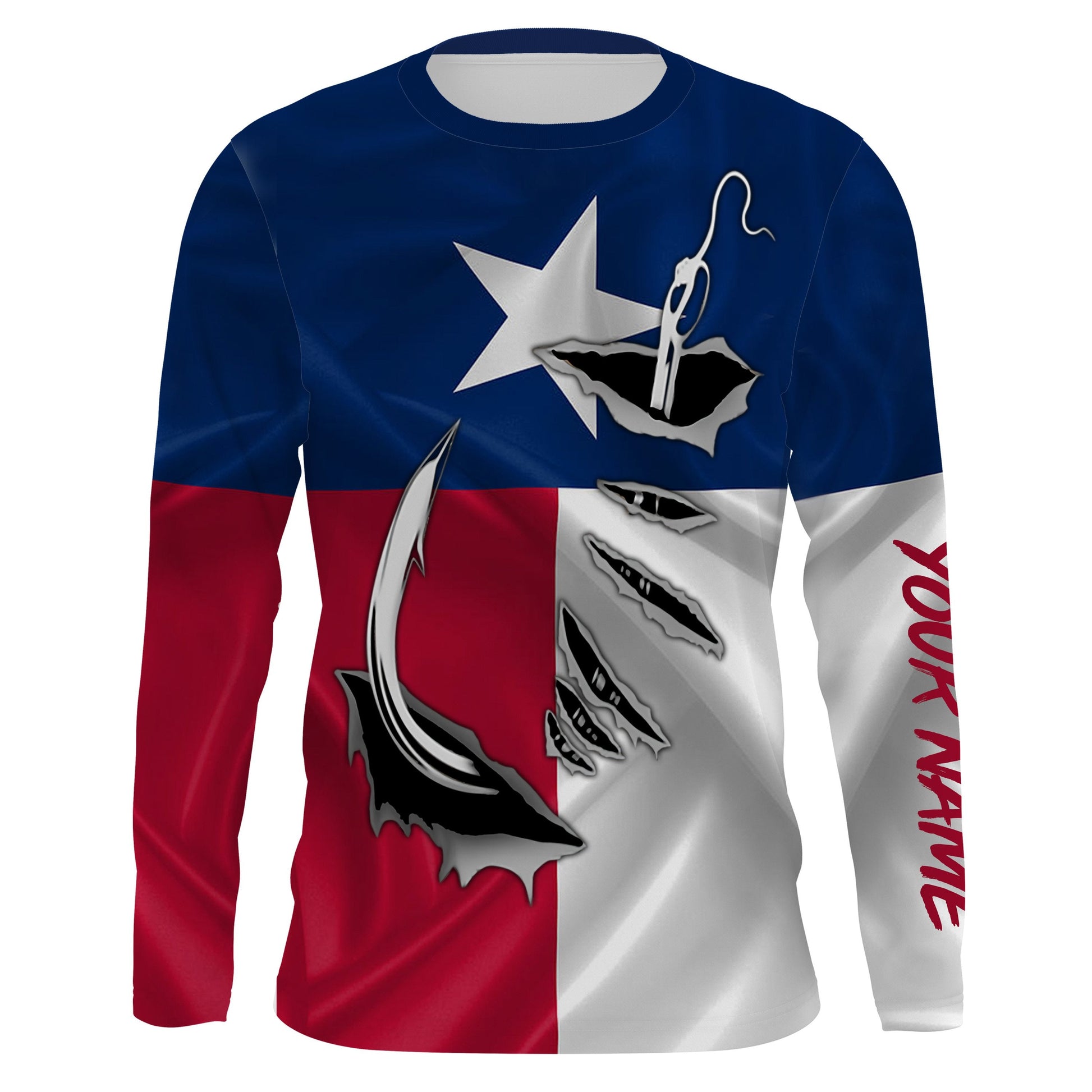 TX Fishing 3D Fish Hook Texas Flag UV protection custom long sleeves personalized fishing apparel gifts IPH1891