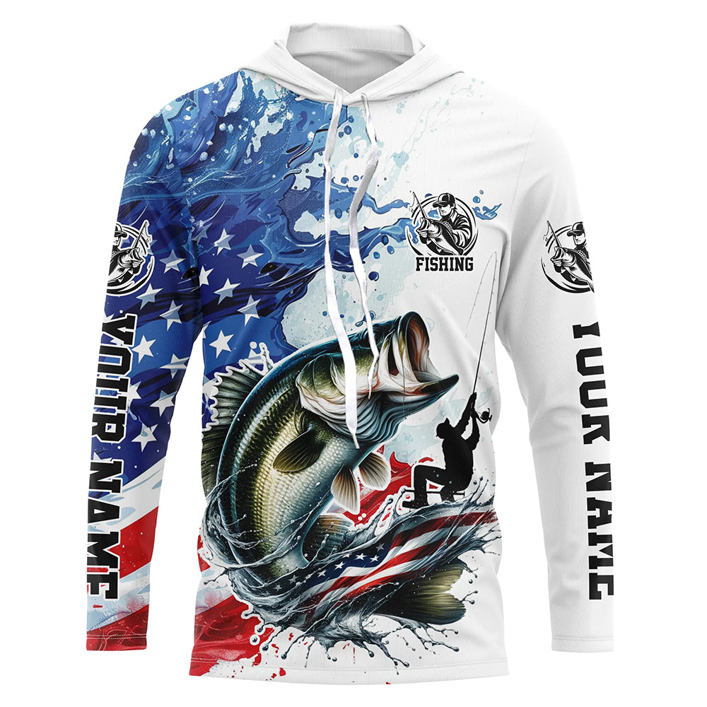 Personalized American Flag Bass Long Sleeve Fishing, Patriotic Bass Fishing